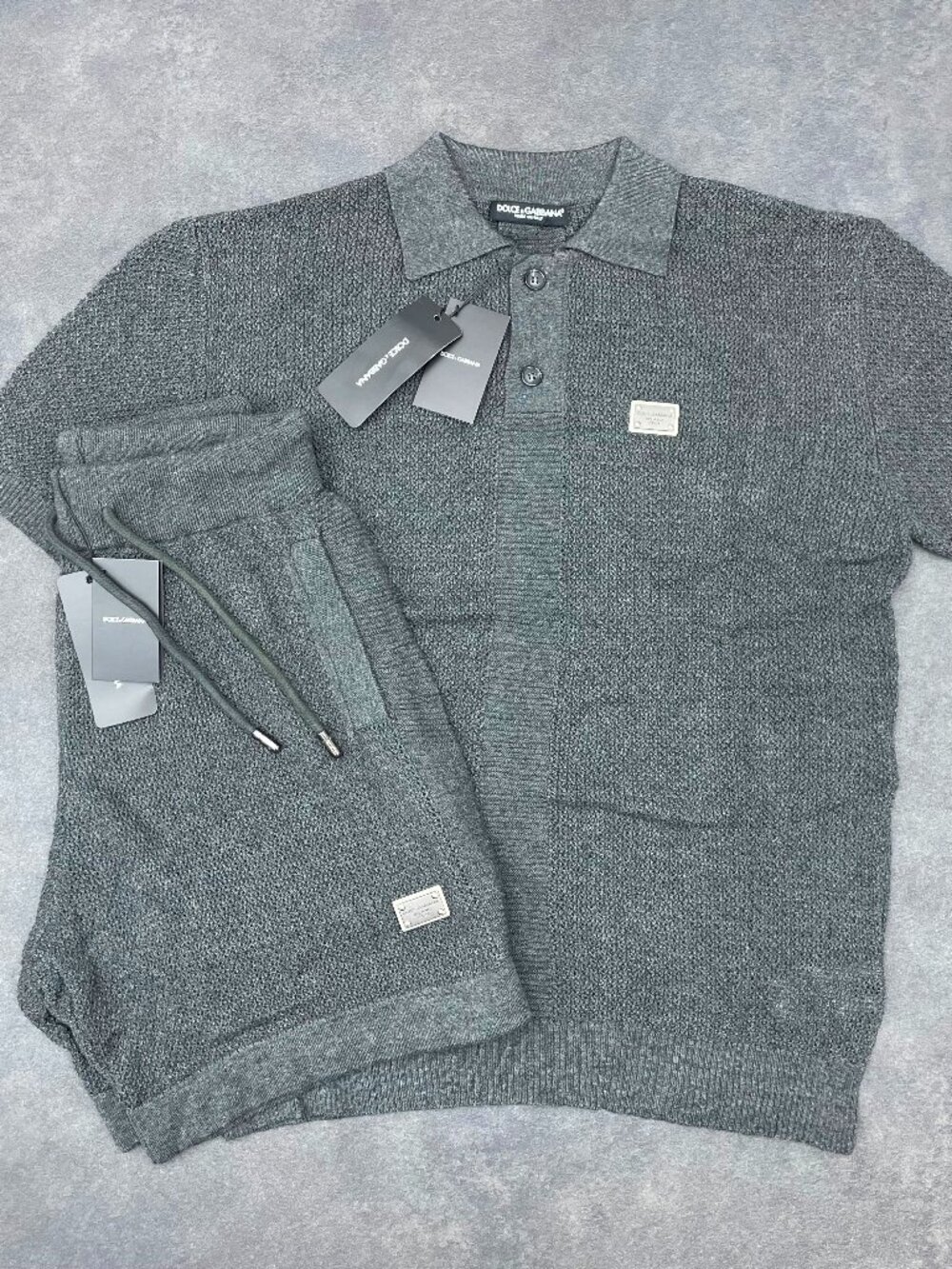 Dolce & Gabbana Men’s Gray Knit Polo Shirt & Shorts Set- Size XXL